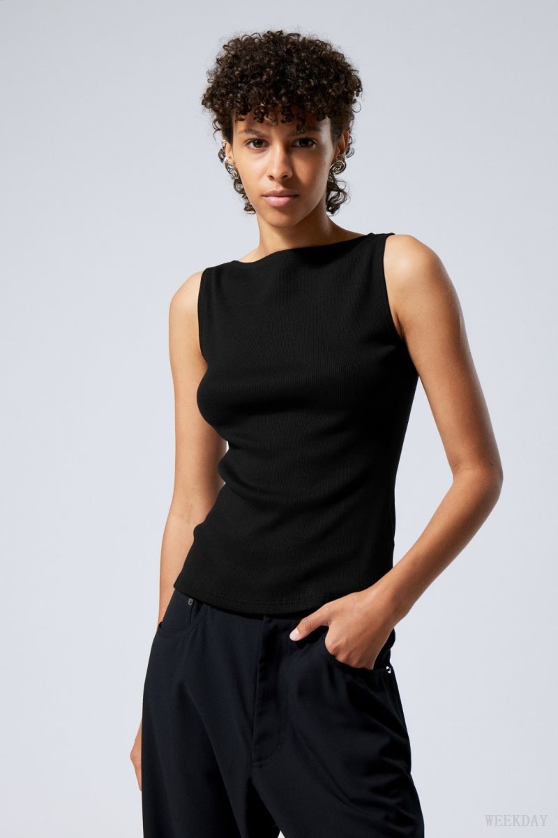 Weekday Annie Rib Boatneck Top トップス レディース 黒 Japan | V4A-6792