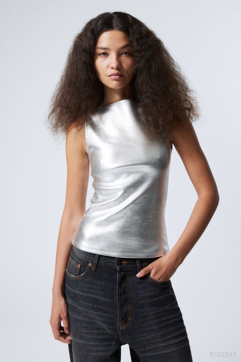 Weekday Annie Silver Boatneck Top トップス レディース シルバー Japan | F2R-7492