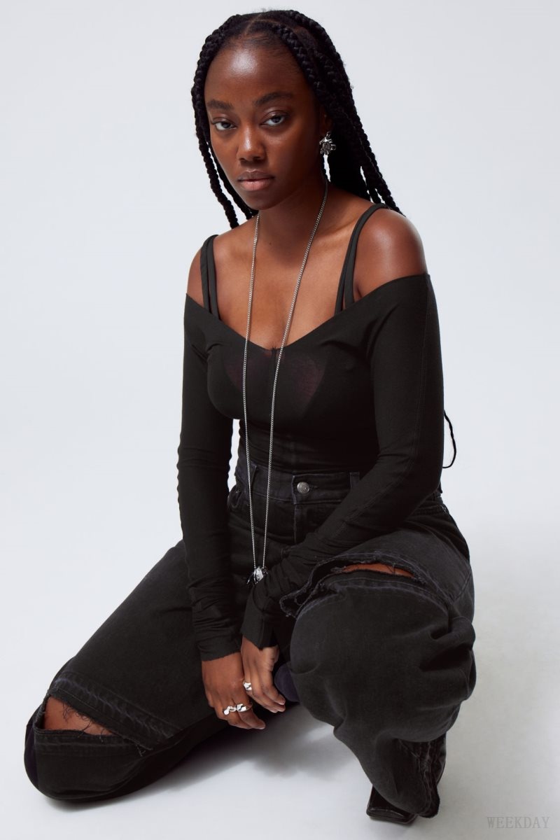 Weekday Astro Baggy Open Knee Jeans デニム レディース 黒 Japan | X9M-1994