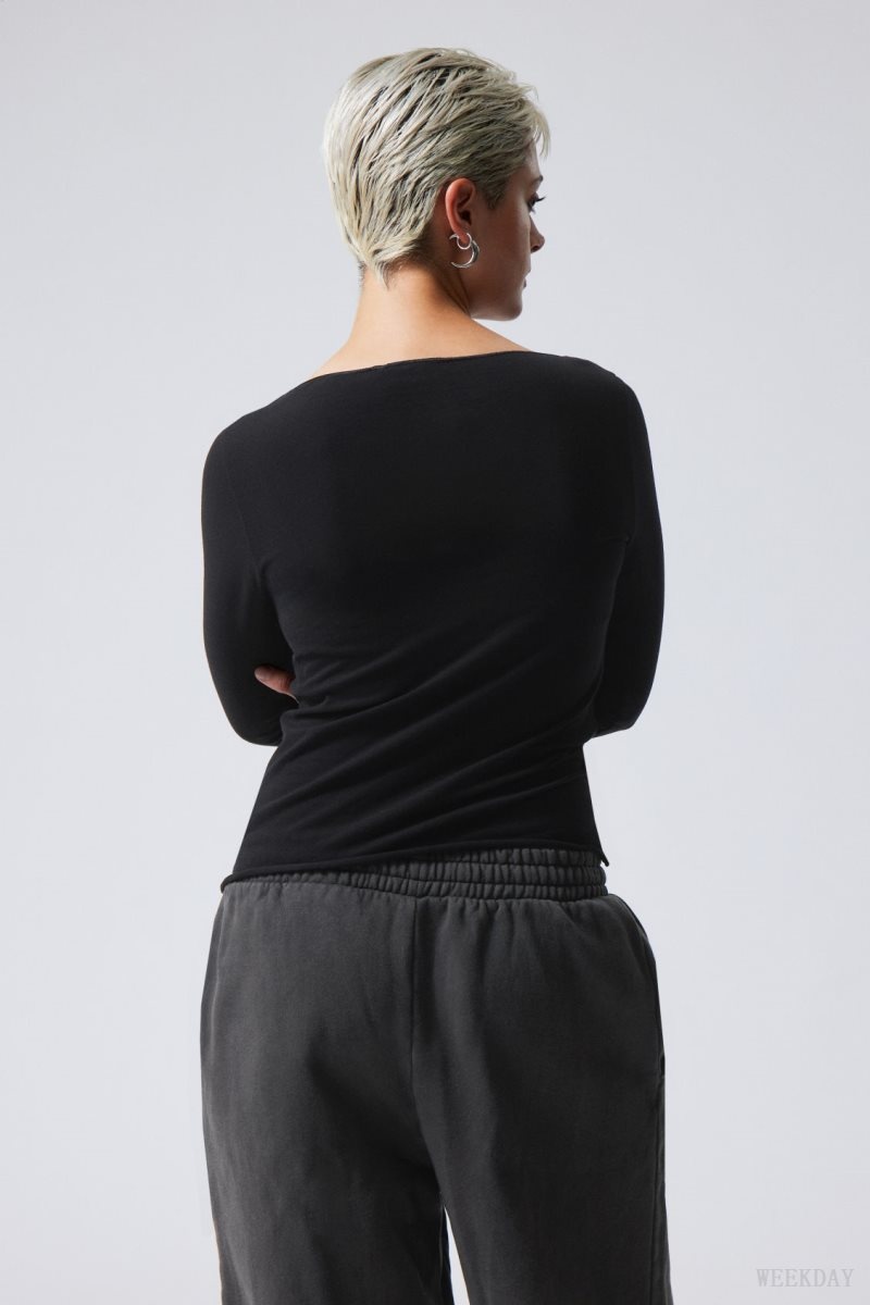 Weekday Boatneck Cotton Longsleeve トップス レディース 黒 Japan | I0R-9444