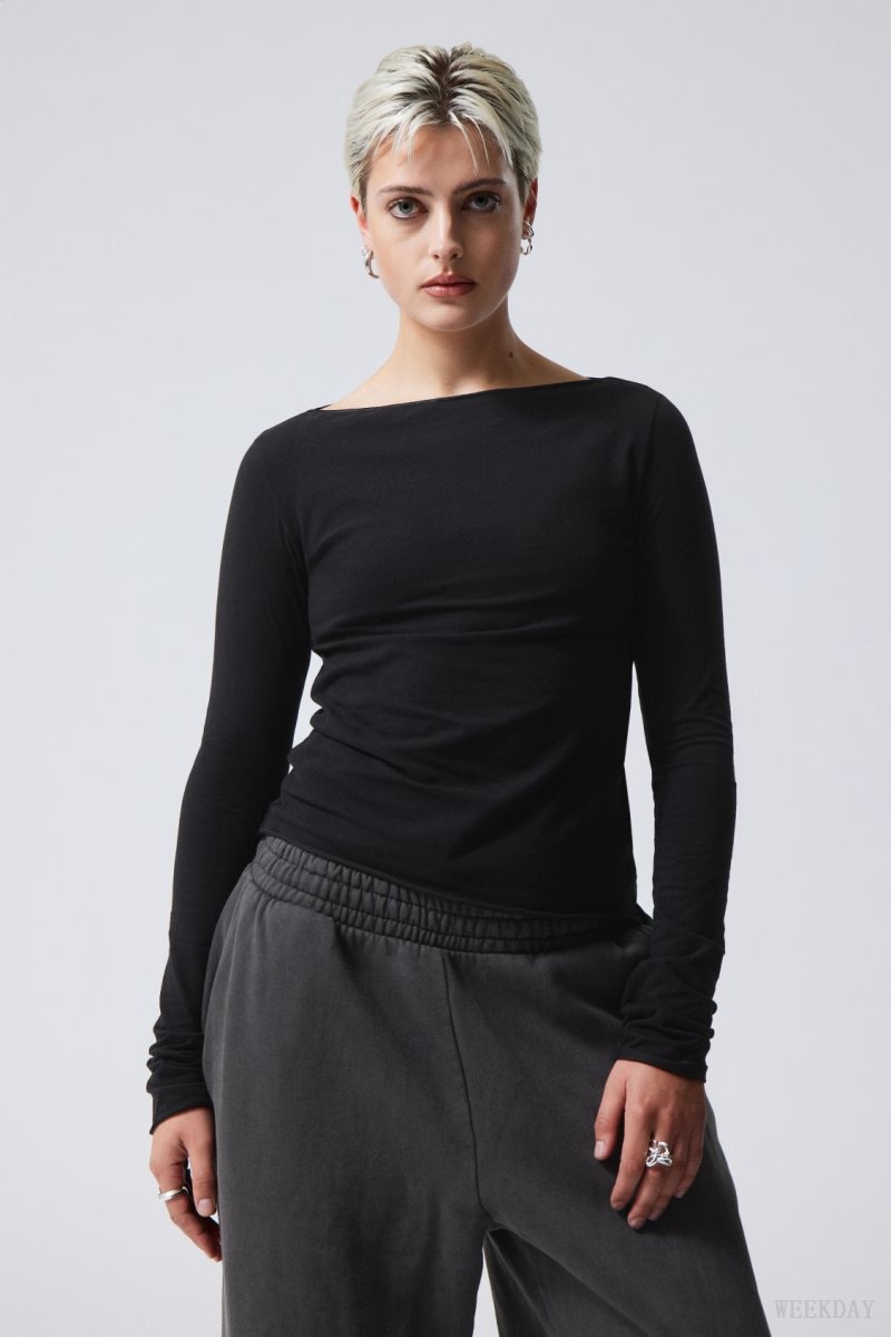 Weekday Boatneck Cotton Longsleeve トップス レディース 黒 Japan | I0R-9444