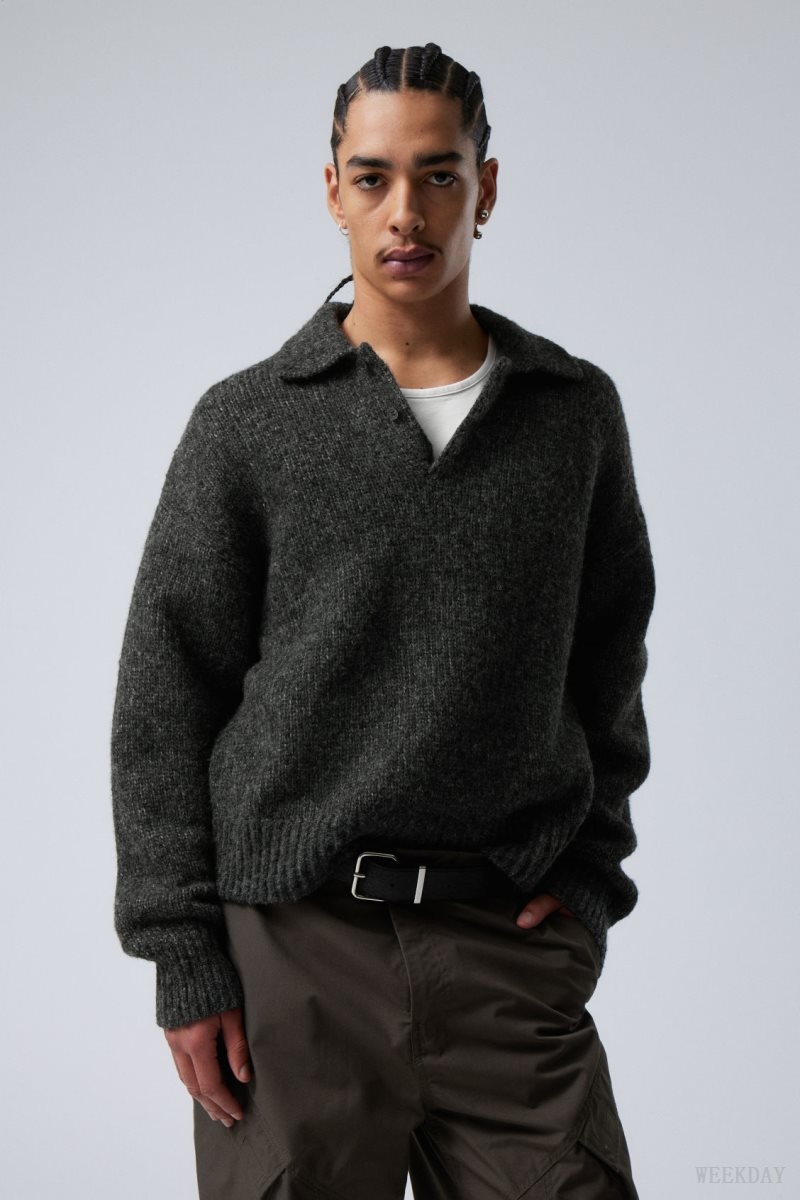 Weekday Bobby Relaxed ニット Polo Sweater セーター メンズ 暗グレー Japan | J9N-4458