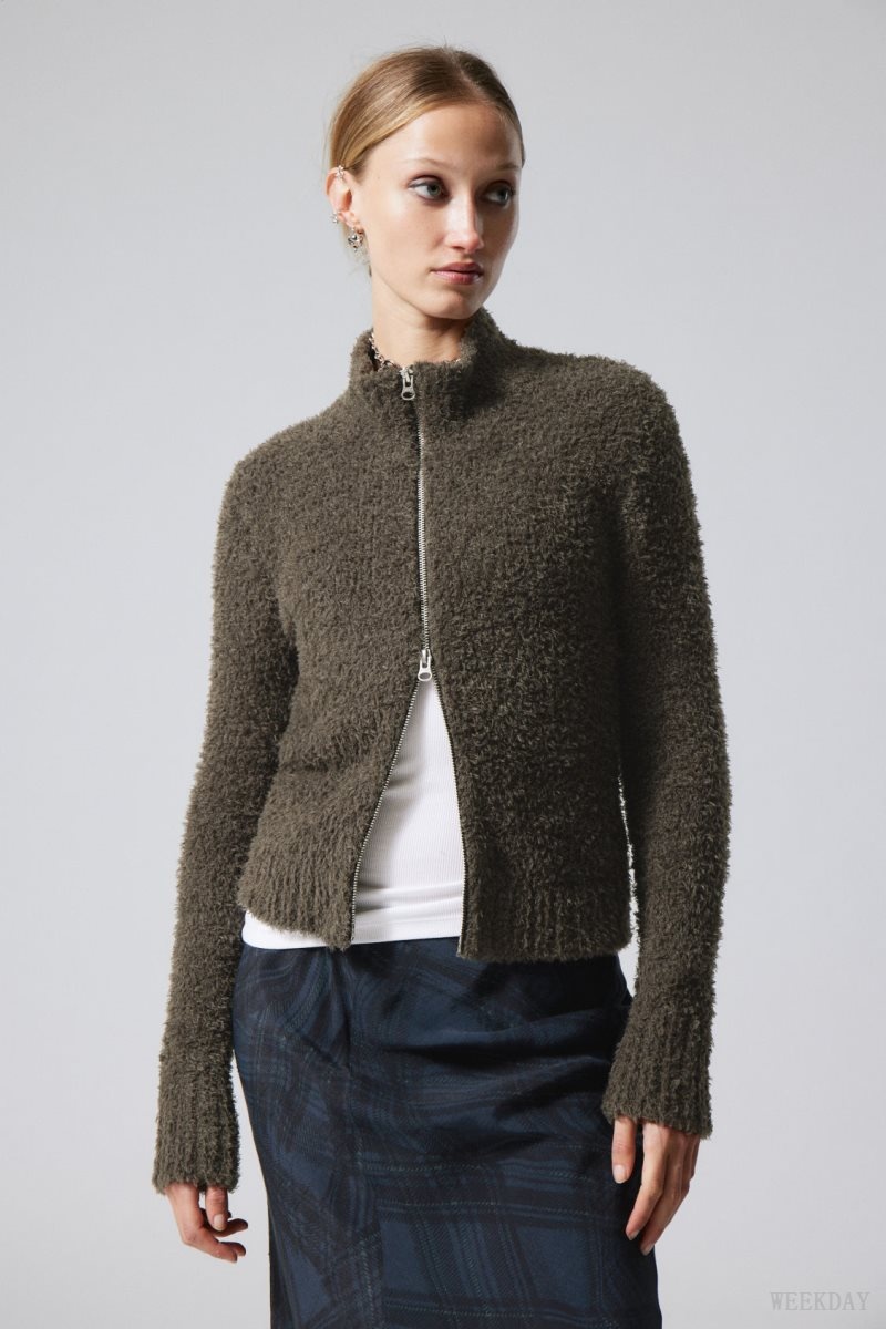 Weekday Carla Zip Hairy Cardigan セーター レディース 暗カーキ Japan | N0T-4797