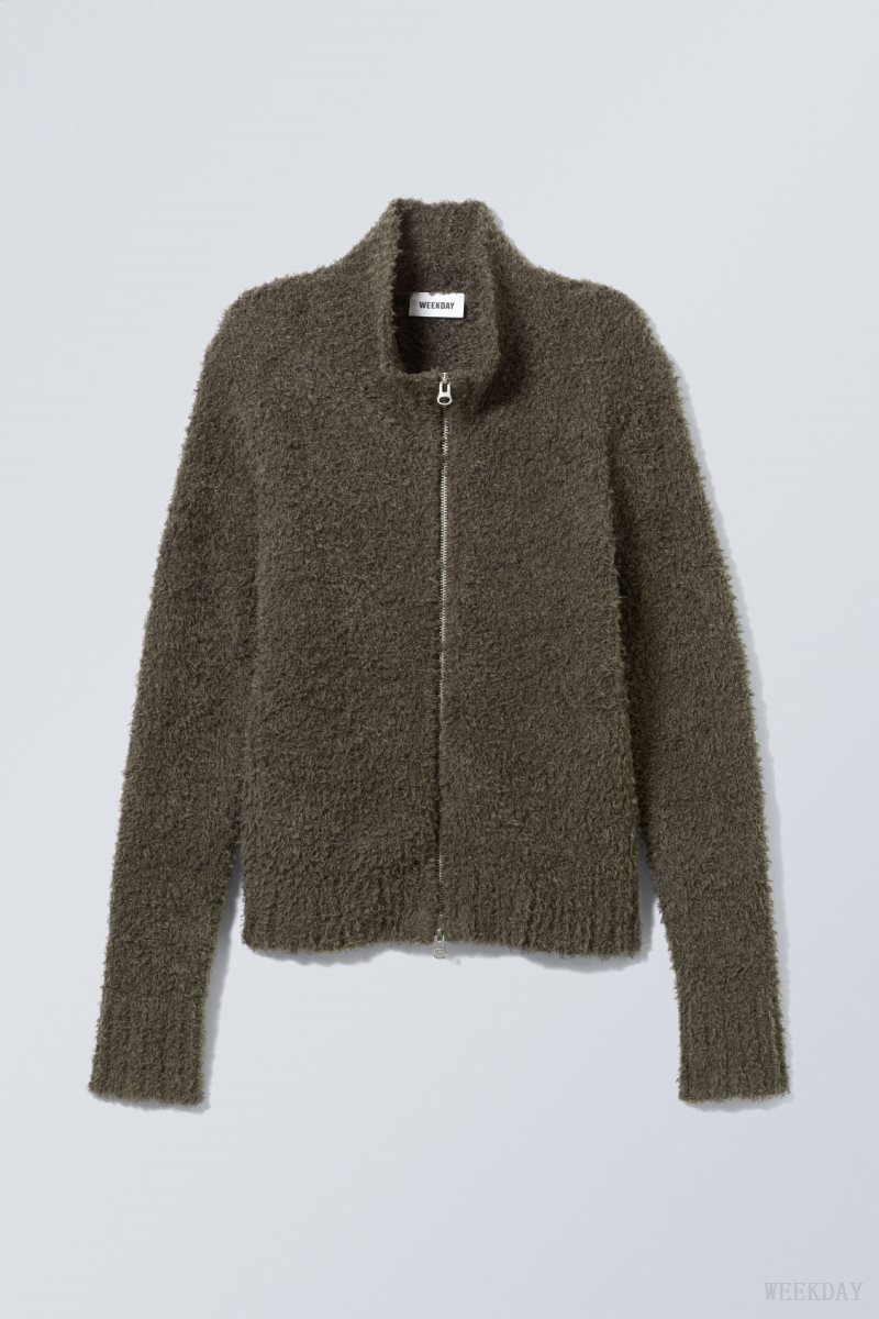 Weekday Carla Zip Hairy Cardigan セーター レディース 暗カーキ Japan | N0T-4797
