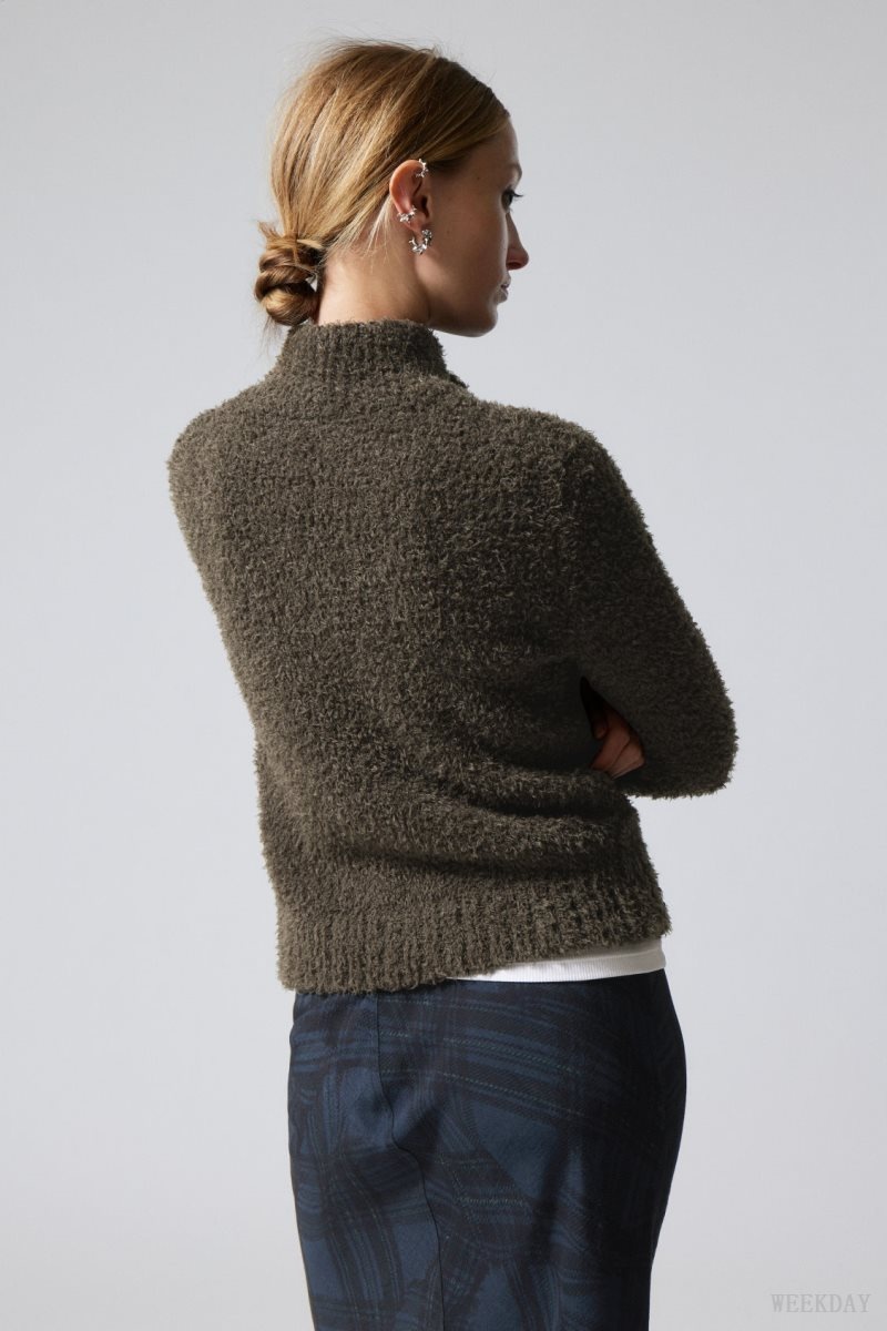 Weekday Carla Zip Hairy Cardigan セーター レディース 暗カーキ Japan | N0T-4797