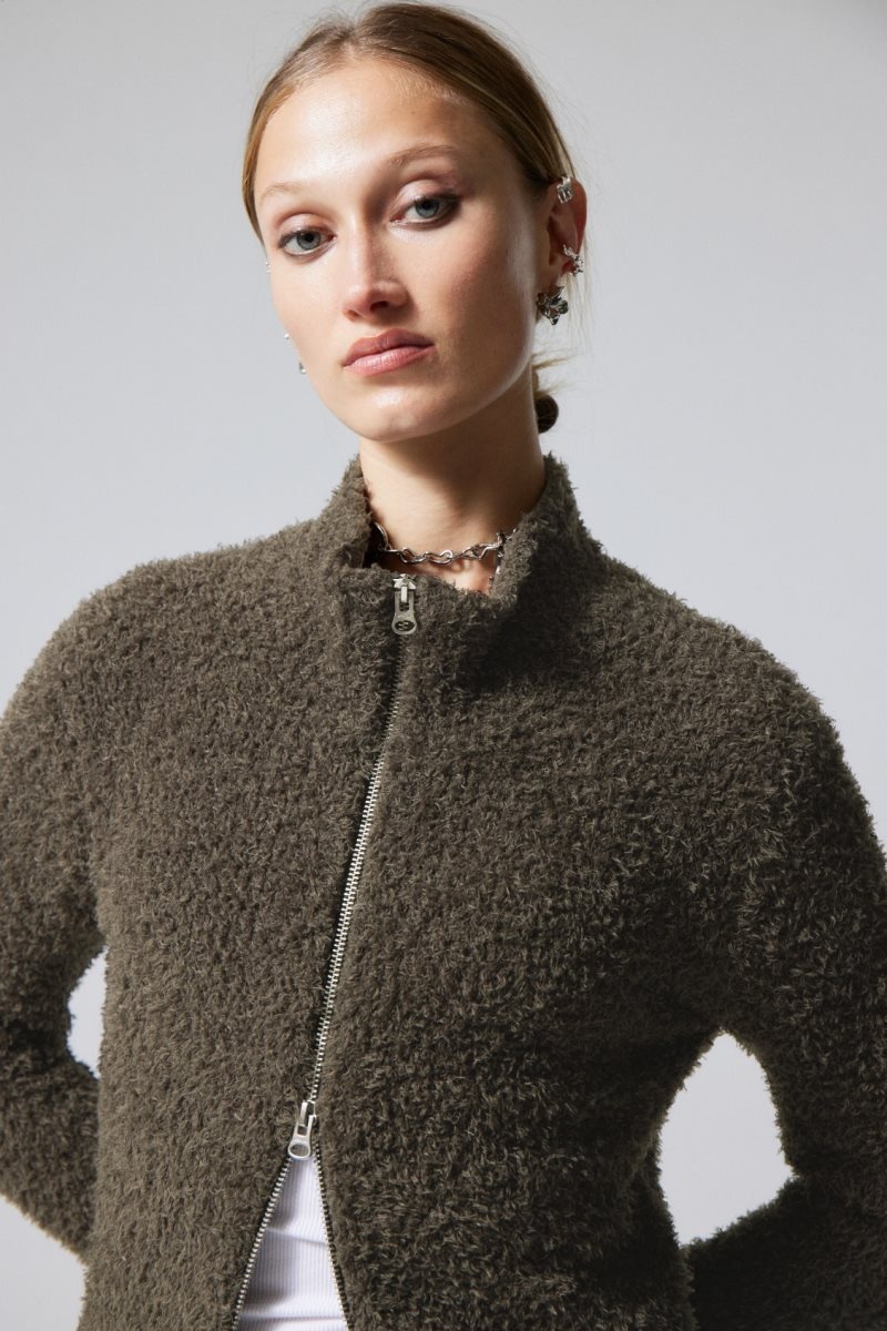 Weekday Carla Zip Hairy Cardigan セーター レディース 暗カーキ Japan | N0T-4797
