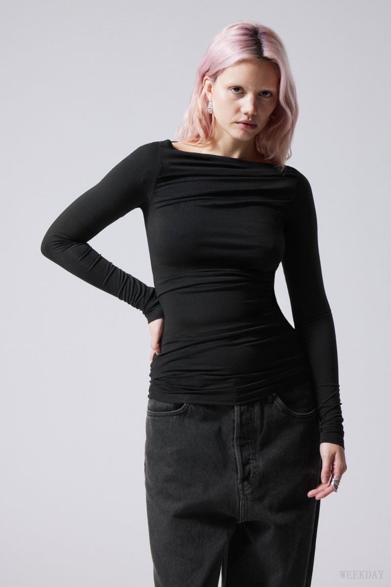 Weekday Jwan Drape Longsleeve Top トップス レディース 黒 Japan | B9G-9422