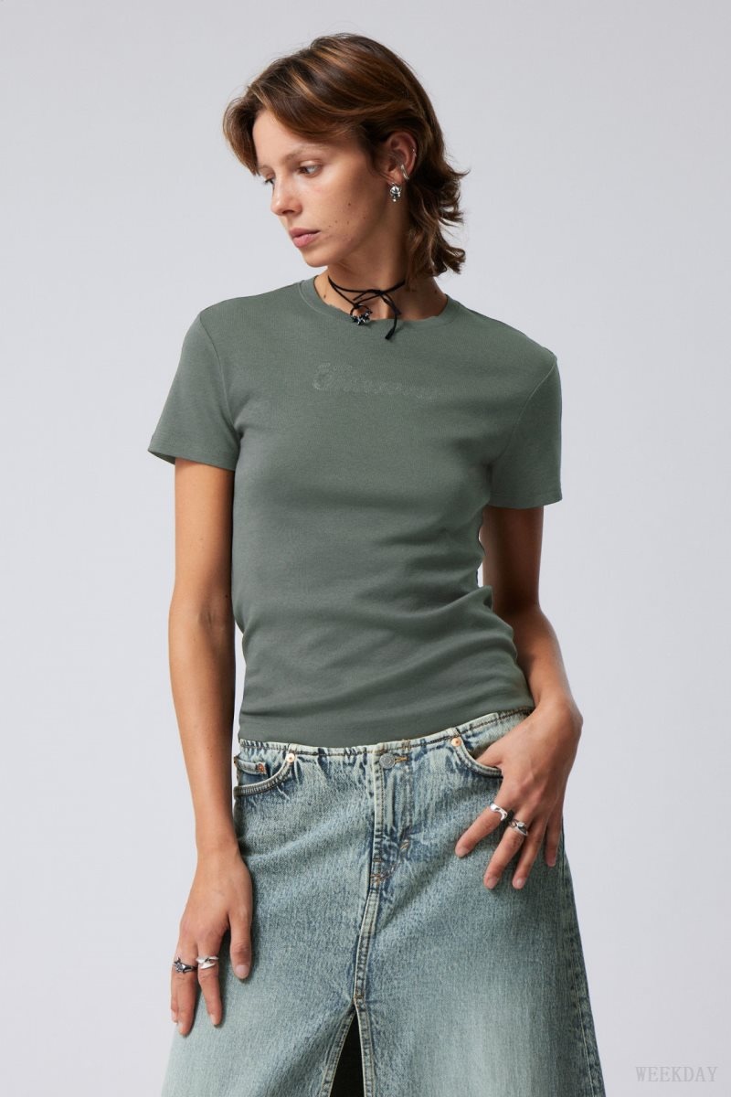 Weekday Lean Fit Embroidered T-shirt トップス レディース 暗グレー Japan | Q9D-8466