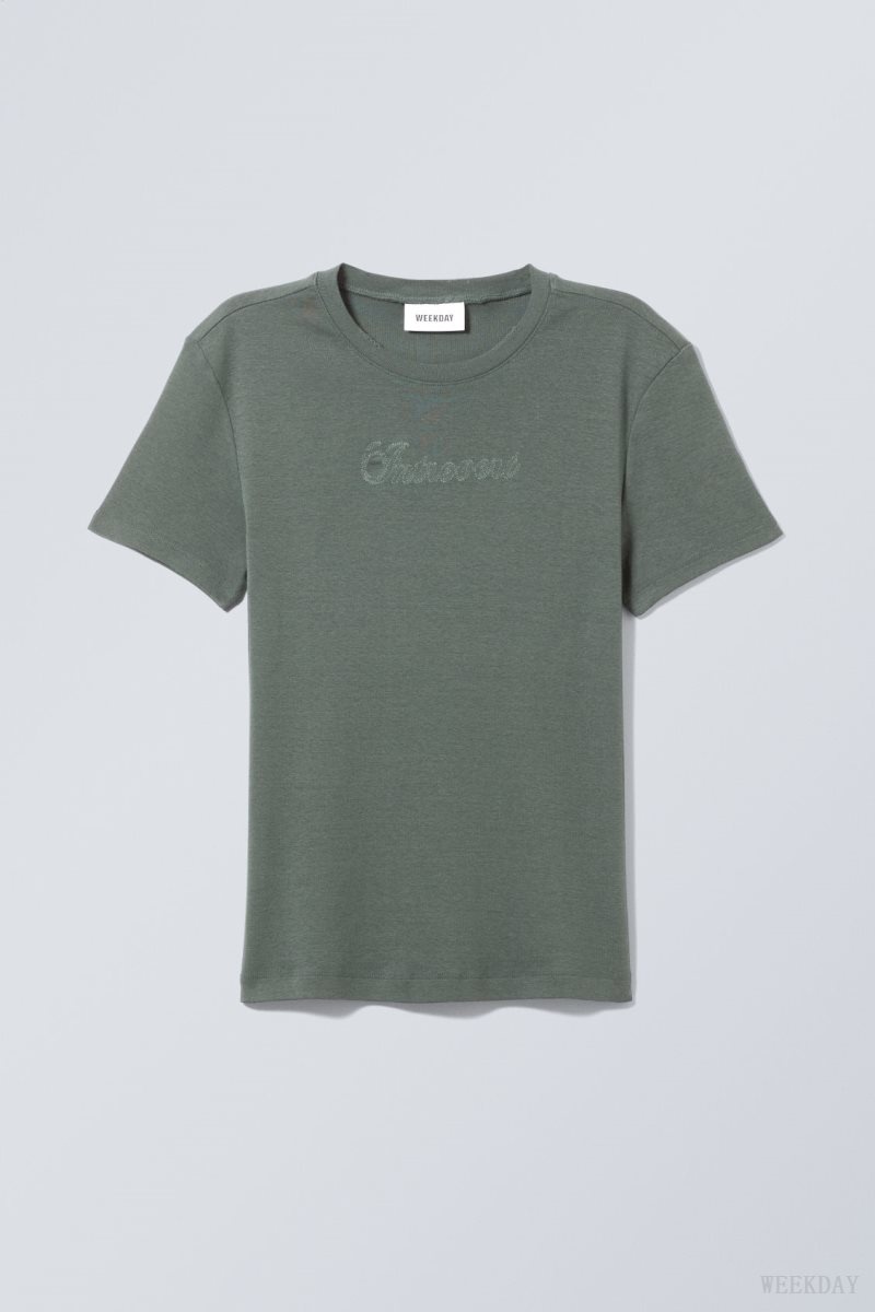 Weekday Lean Fit Embroidered T-shirt トップス レディース 暗グレー Japan | Q9D-8466