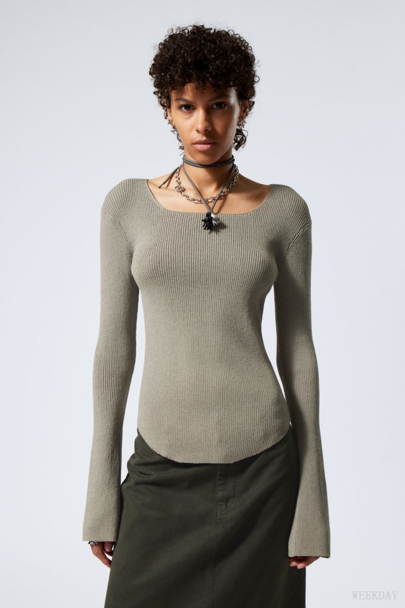 Weekday Nadina Square Neck Sweater セーター レディース グレー ブラウン Japan | X0E-4802