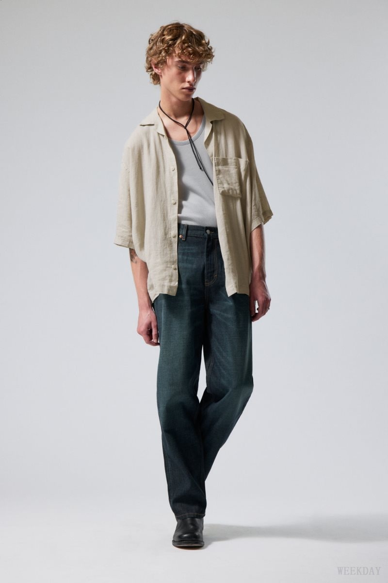 Weekday Oversized Linen Short Sleeve Shirt シャツ メンズ Ecru Japan | V5Z-0997