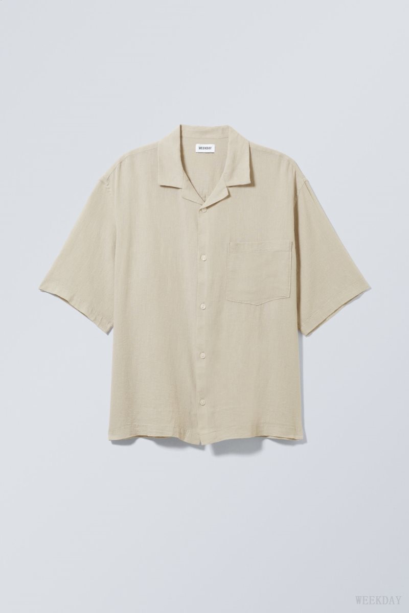 Weekday Oversized Linen Short Sleeve Shirt シャツ メンズ Ecru Japan | V5Z-0997
