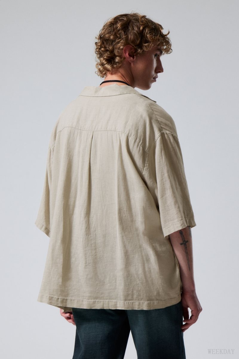 Weekday Oversized Linen Short Sleeve Shirt シャツ メンズ Ecru Japan | V5Z-0997