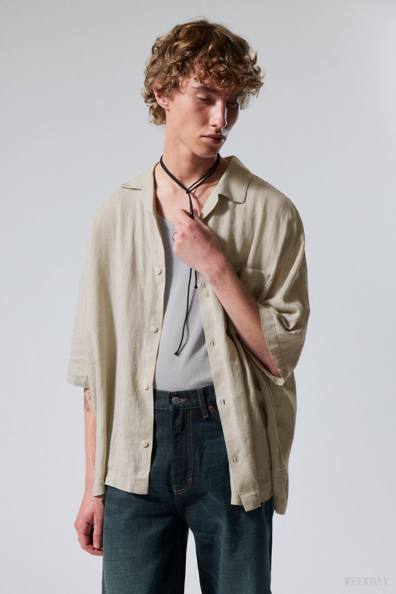 Weekday Oversized Linen Short Sleeve Shirt シャツ メンズ Ecru Japan | V5Z-0997