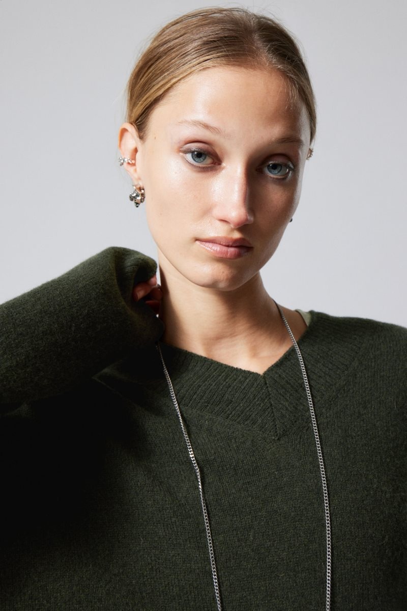 Weekday Reese V-neck ウール Sweater セーター レディース 暗緑 Japan | Q1G-4860