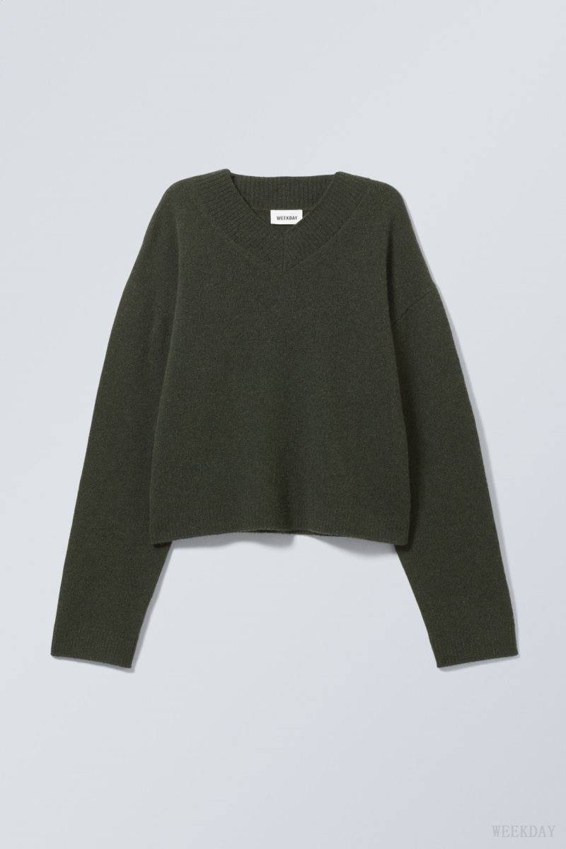 Weekday Reese V-neck ウール Sweater セーター レディース 暗緑 Japan | Q1G-4860