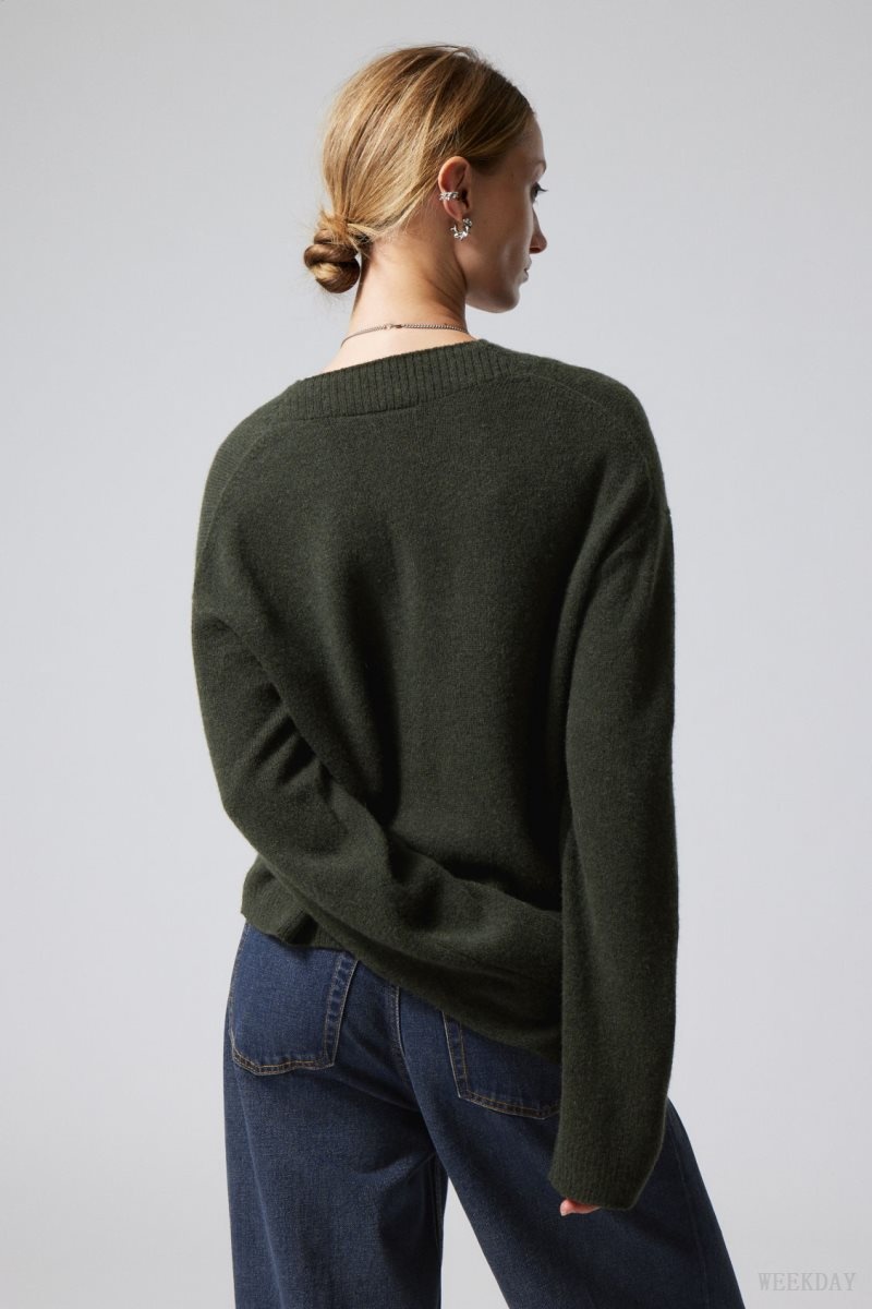Weekday Reese V-neck ウール Sweater セーター レディース 暗緑 Japan | Q1G-4860