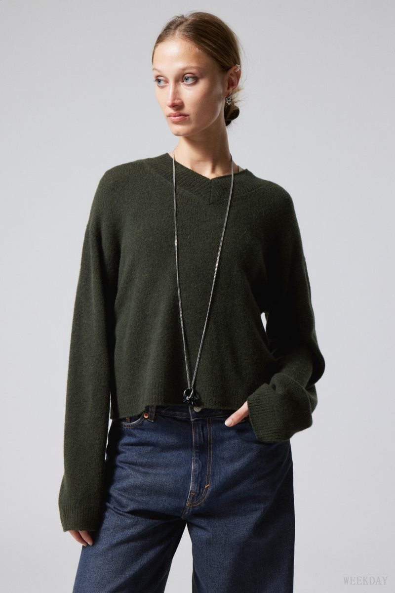 Weekday Reese V-neck ウール Sweater セーター レディース 暗緑 Japan | Q1G-4860
