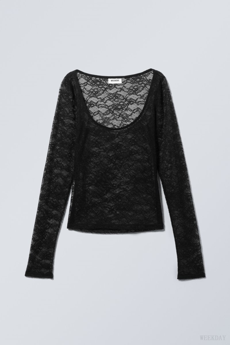 Weekday Tea Scooped レース Longsleeve トップス レディース 黒 Japan | I1F-8315