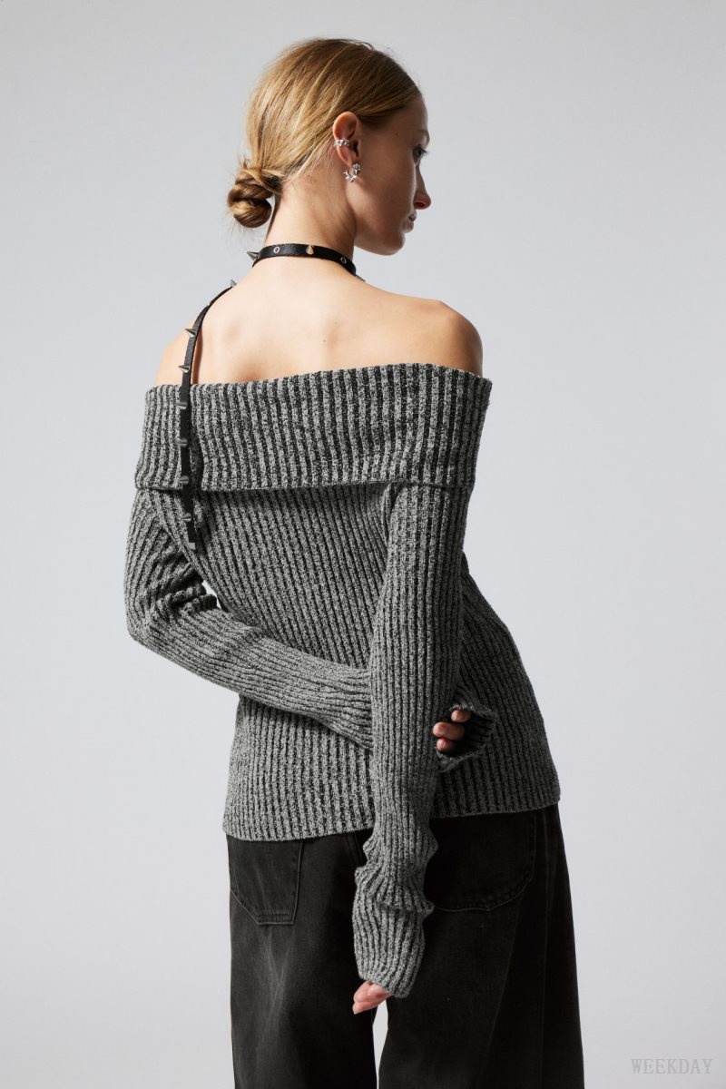 Weekday Vanna Off Shoulder Zip Cardigan セーター レディース グレー Japan | F0P-4619